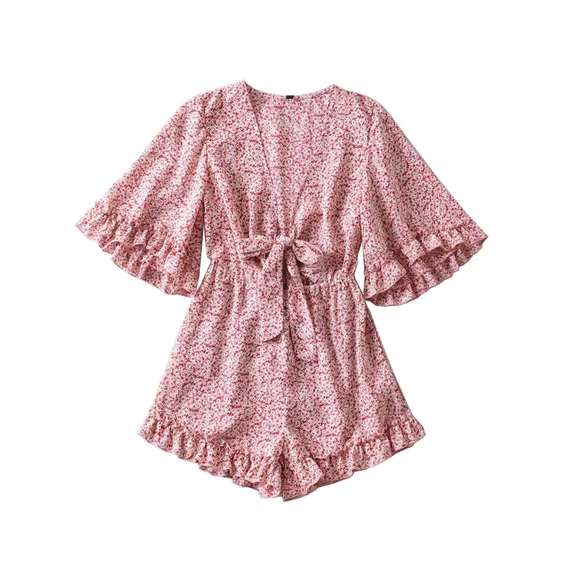 Positioning Printing Deep V Neck Chest Waist Jumpsuit - Pink