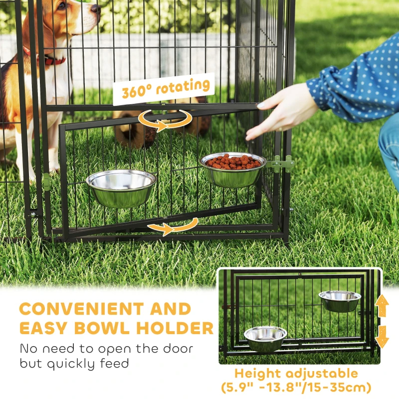 Large Outdoor Dog Kennel With Rotating & Adjustable Height Bowls, Waterproof & UV-Resistant Canopy