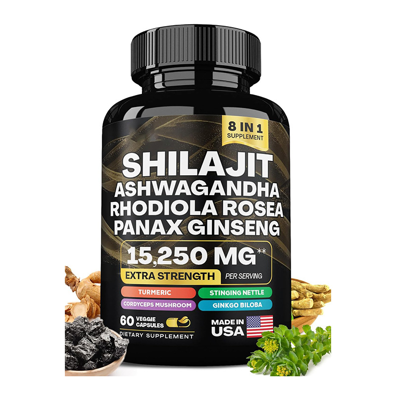 Bottle of Shilajit Pure Himalayan 9000MG, Energy Booster Ashwagandha 2000MG, Rhodiola Rosea 999MG, Panax Ginseng 1500MG, Turmeric 500MG, Ginkgo Biloba 500MG, Stinging Nettle 250MG Cordyceps Mushroom 500