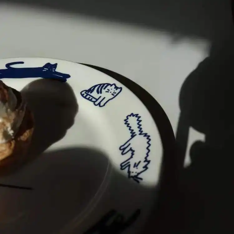 Ins Retro Kitten Blue Breakfast Ceramic Plate Dessert Plate Western Dinner Plate Lovely Girl Heart French