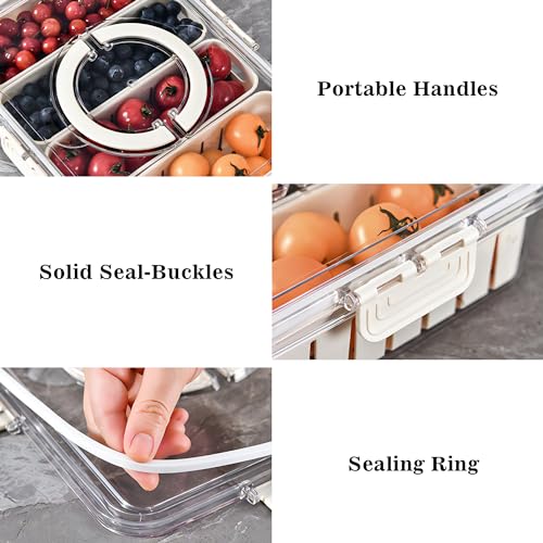 Vegetable Tray With Divided Lid And Handle. Divided Plate With Four Compartments. Portable Snack Storage Box. Stackable Snack Container. Refrigerated Food Container. Suitable For Fruits, Vegetables, A 3