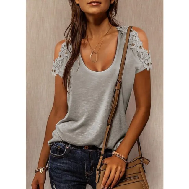 Pure Color Pullover Round Neck Lace Short sleeved Summer Women's T shirt Grey - Shop at LoveMi
