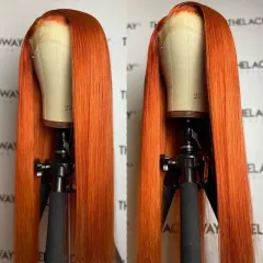 Split Orange Long Straight Chemical Fibre Lace Free Wig - Orange - View 1