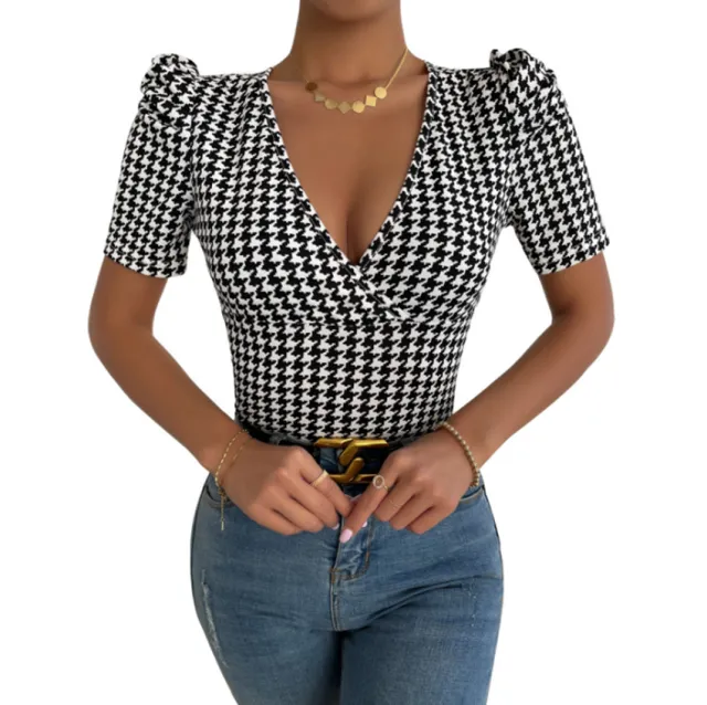 Stand up Low cut V neck Slim Thousand Bird Lattice Short sleeved T shirt Black And White Plaid - Shop at LoveMi