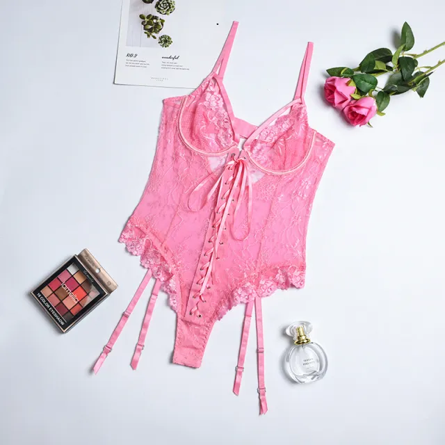 Lace Deep V Perspective Cutout Body Shaper Bodysuit Pink - Shop at LoveMi