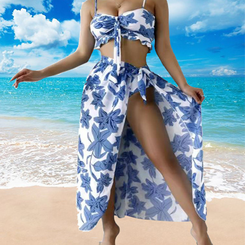 Three-piece Floral Front Bikini Beach Dress