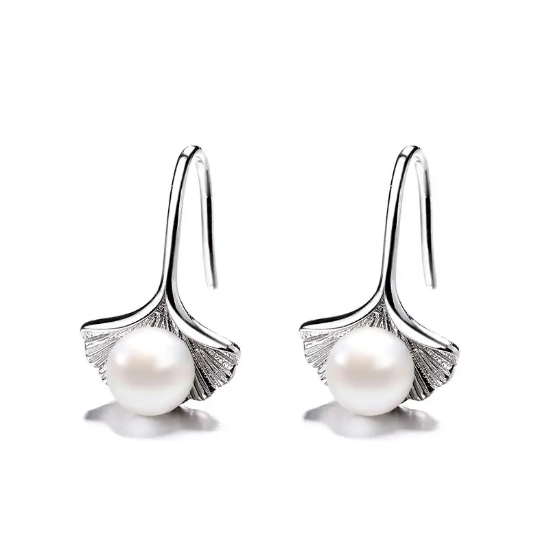 Sterling Silver Earrings Ginkgo Leaf Pearl Female