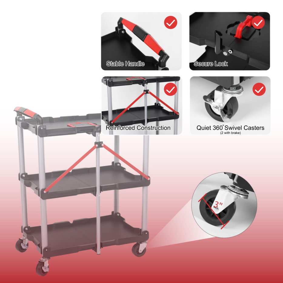 Foldable Utility Service Cart, 3 Shelf Heavy Duty Plastic Rolling Cart With... 8