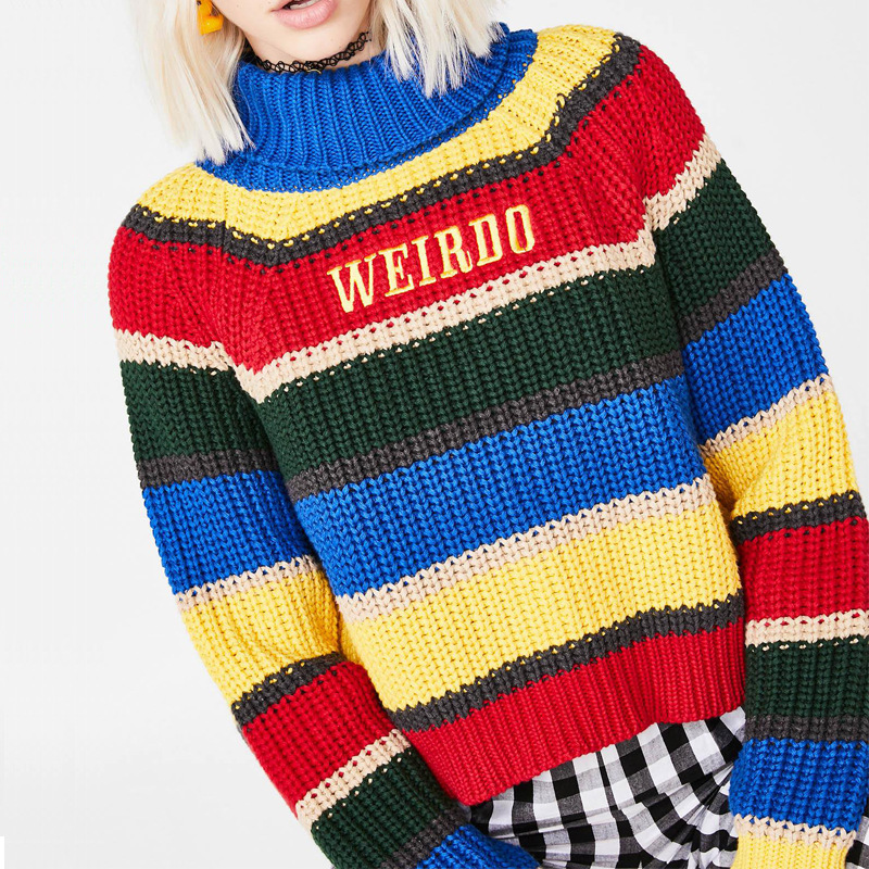 Title 2, Rainbow Stripes Letter Embroidery Turtleneck Lo...