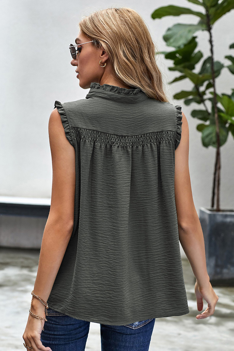 Title 8, Summer New High-neck Button Frill Loose Casual Top