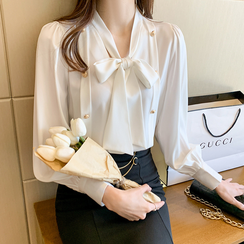 Korean Style Lantern Sleeve Bow Long Sleeve Shirt