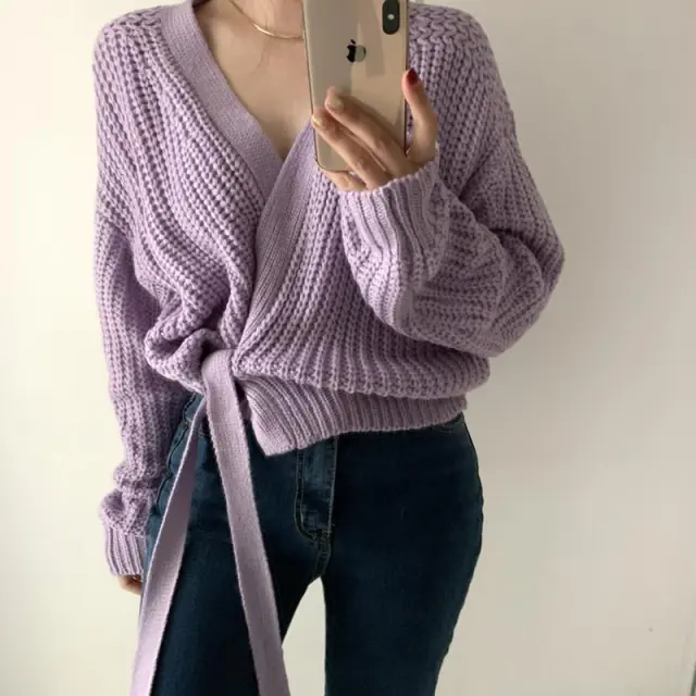 Lazy V neck Lace Up Taro Purple Coarse Needle Sweater Purple - Shop at LoveMi