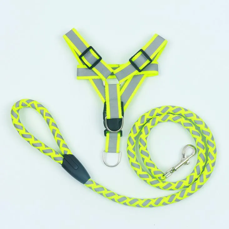 Reflective Nylon Braided Pet Leash Harness Set - Green