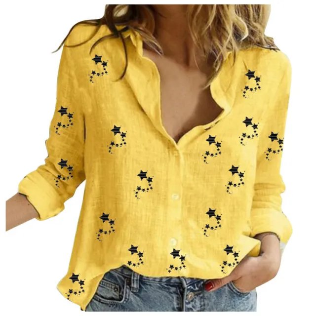 New Little Star Cotton Linen Print Shirt Women's Yellow - Shop at LoveMi
