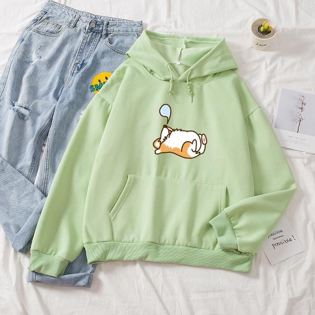 Snoring Corgi Soft Hoodie Green