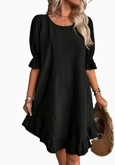 Solid Ruffle Hem Flounce Sleeve Dress
