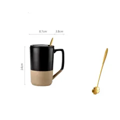 Large Capacity Japanese Retro Ceramic Mug With Lid Spoon - Black With Spoon Lid Bag - View 1