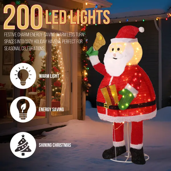 6FT Lighted Santa Claus Holding Bell Christmas Yard Decorations, Pre-lit Pull Up Santa With 200 Warm White LEDs, For Xmas Outdoor Holiday Indoor Decor Lighted H