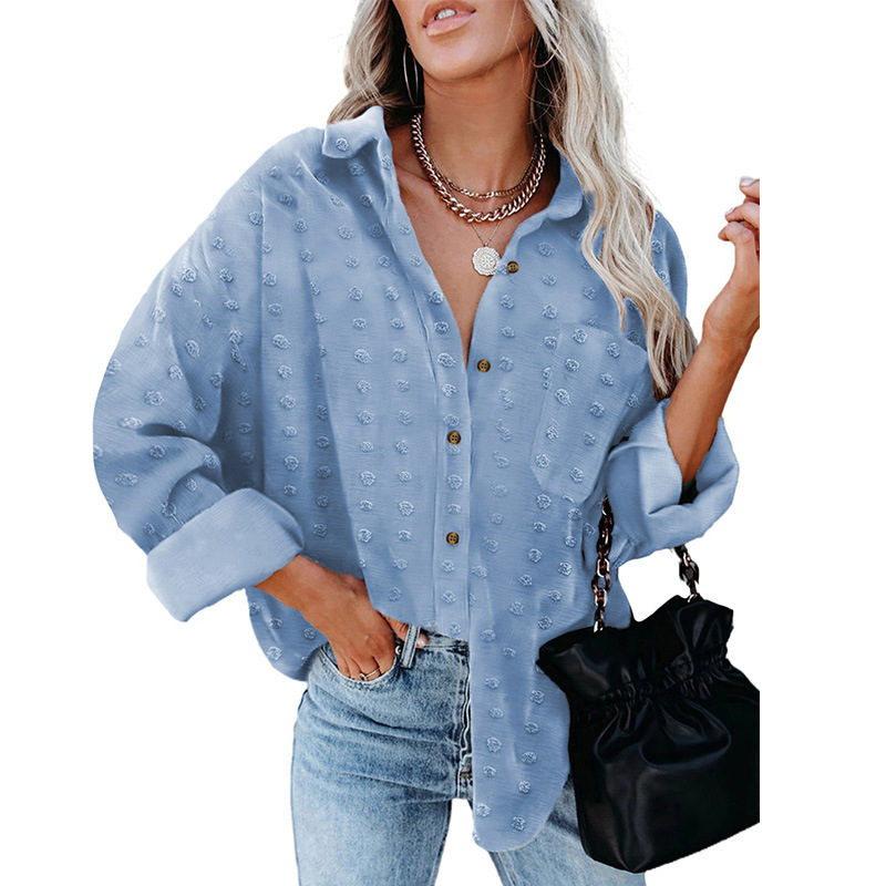 Solid Color Jacquard Lapel Long-sleeved Shirt