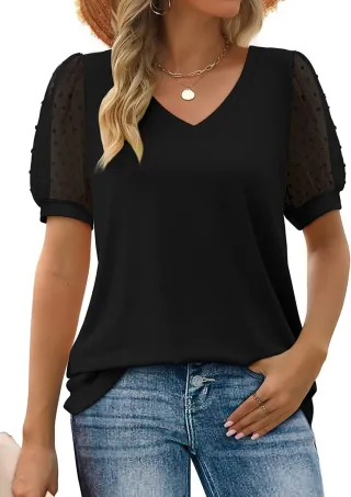 Womens Summer Tops V Neck T Shirts Dot Puff Sleeve Tops Loose Casual Tshirts - Black