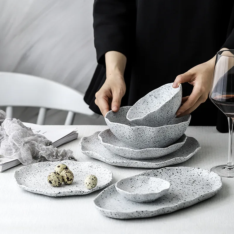 Nordic granite pattern tableware creative lotus leaf ceramic plate - Set
