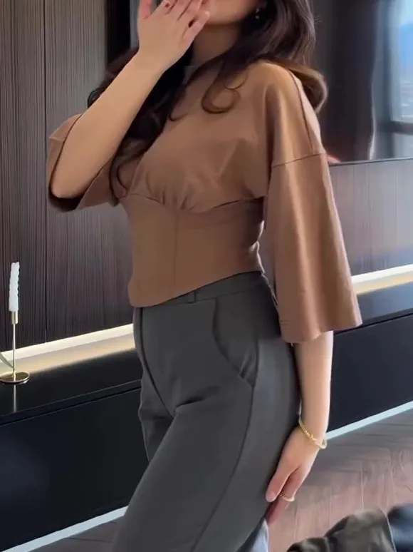 Solid Color Short Sleeve Cropped Top Brown - Shop at LoveMi