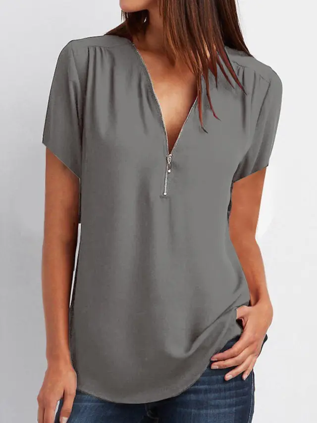 V neck Zipper Short sleeved Chiffon Shirt Grey - Shop at LoveMi