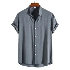 Men's FashionCasual Short Sleeve Stand Collar Shirt - Grey - View 1