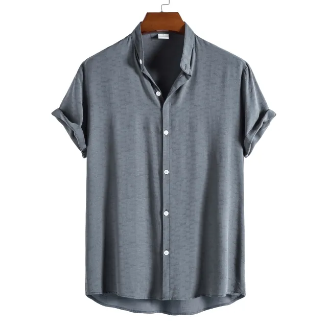 Men's FashionCasual Short Sleeve Stand Collar Shirt Grey - Shop at LoveMi