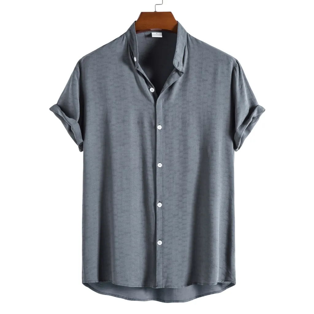 Men's FashionCasual Short Sleeve Stand Collar Shirt - Grey