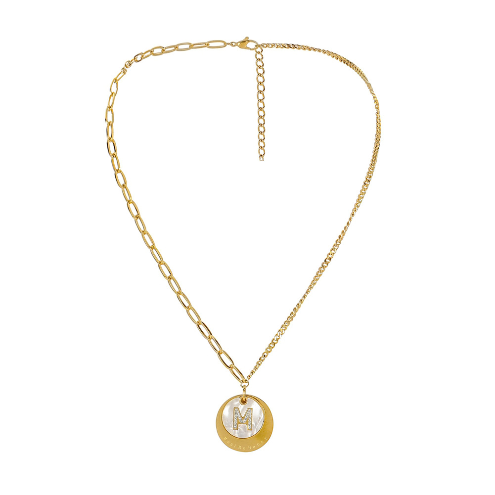 Stainless Steel Gold Shell Letter M Pendant With Diamonds