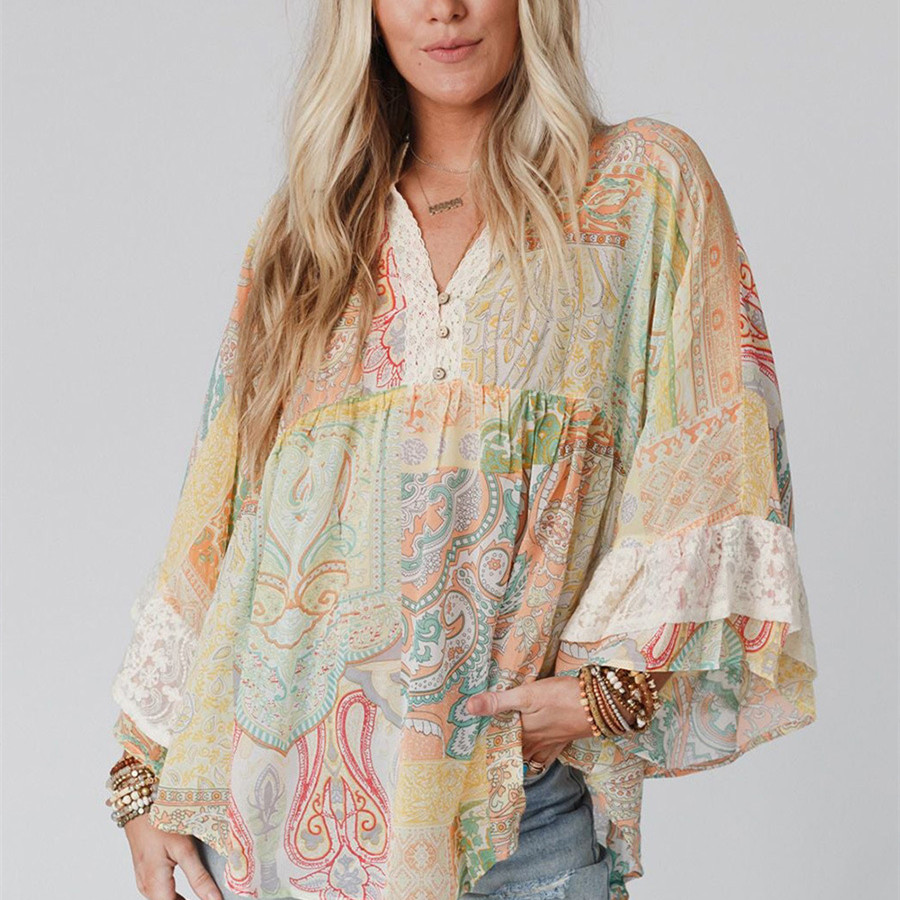 Women's V-neck Flared Sleeves Chiffon Blouse