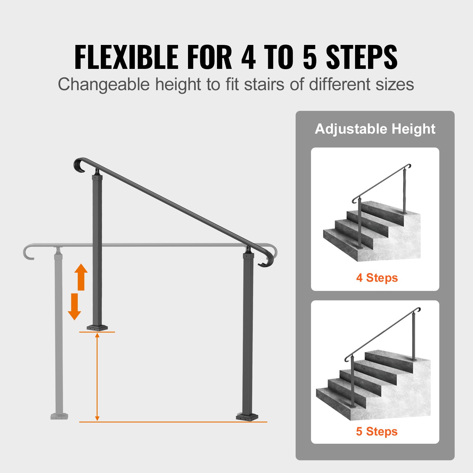 Handrails For Outdoor Steps, Fit 3 5 Steps Outdoor Stair Railing, Wrought Iron Handrail,... thumbnail 1