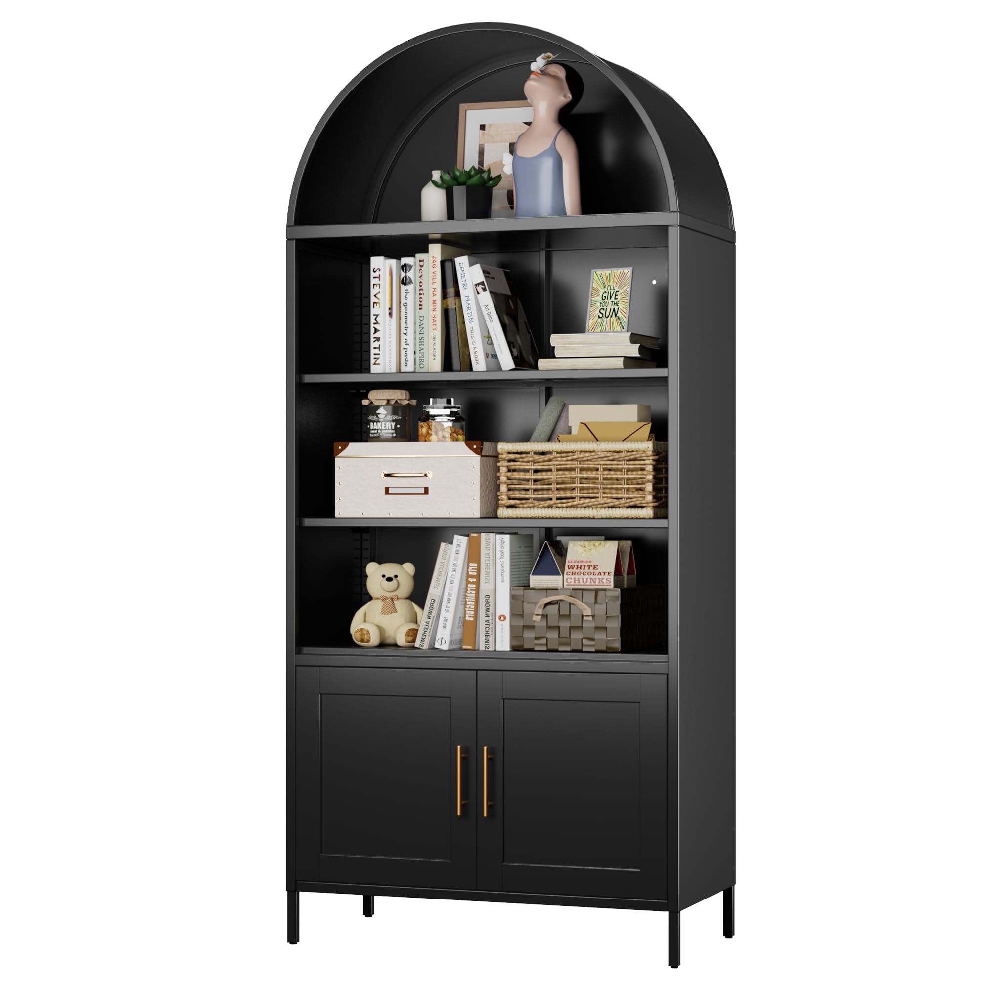 Metal Arched Bookcase Cabinet,Wide Black Arched Bookshelf With 2 Adjustable Shelf For Home Office Living Room,Required Assembly