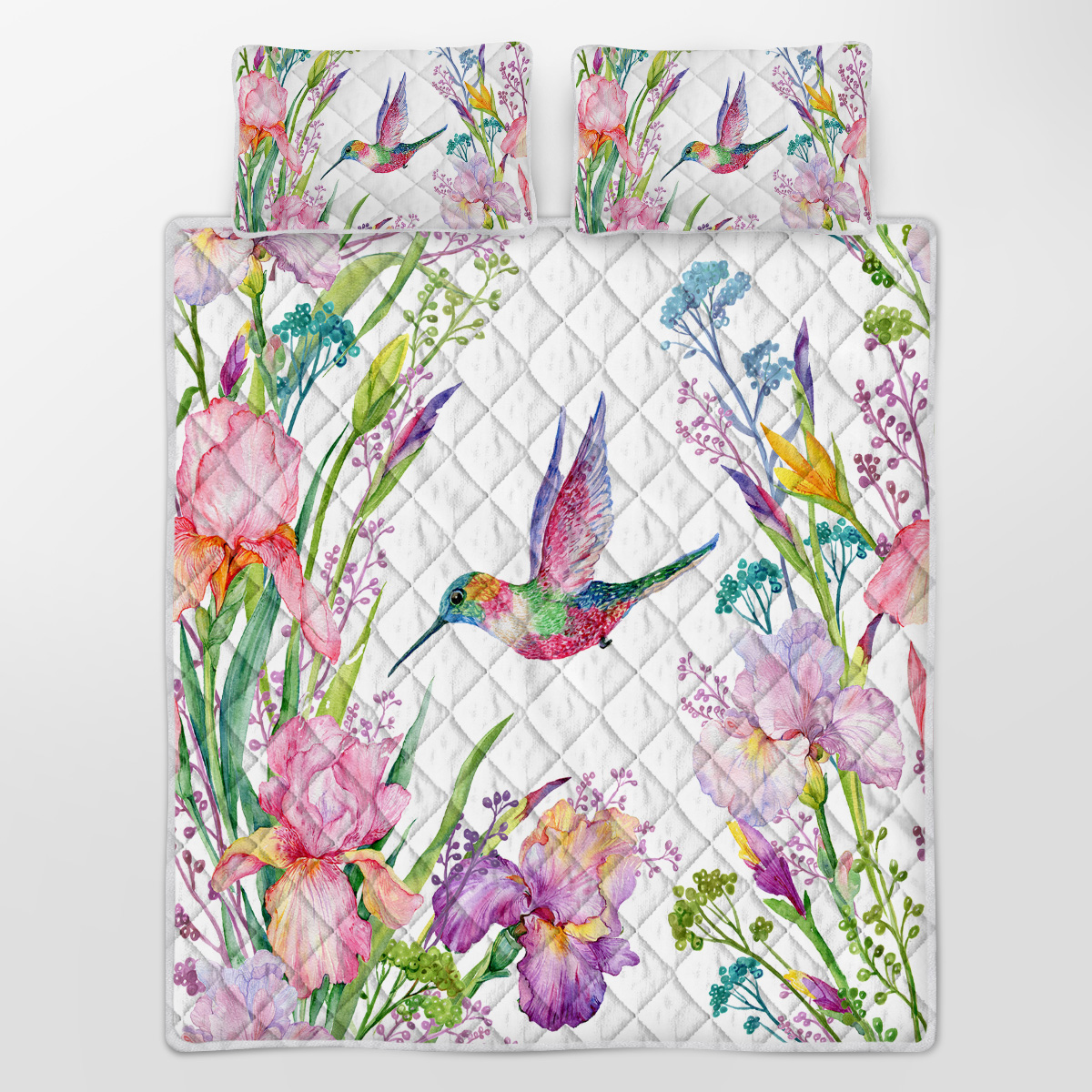 Hummingbird Pattern Quilt Set Microfiber Soft Lightweight Tropical Bird Bedding Set, 1 Quilt With 2 Pillowcases