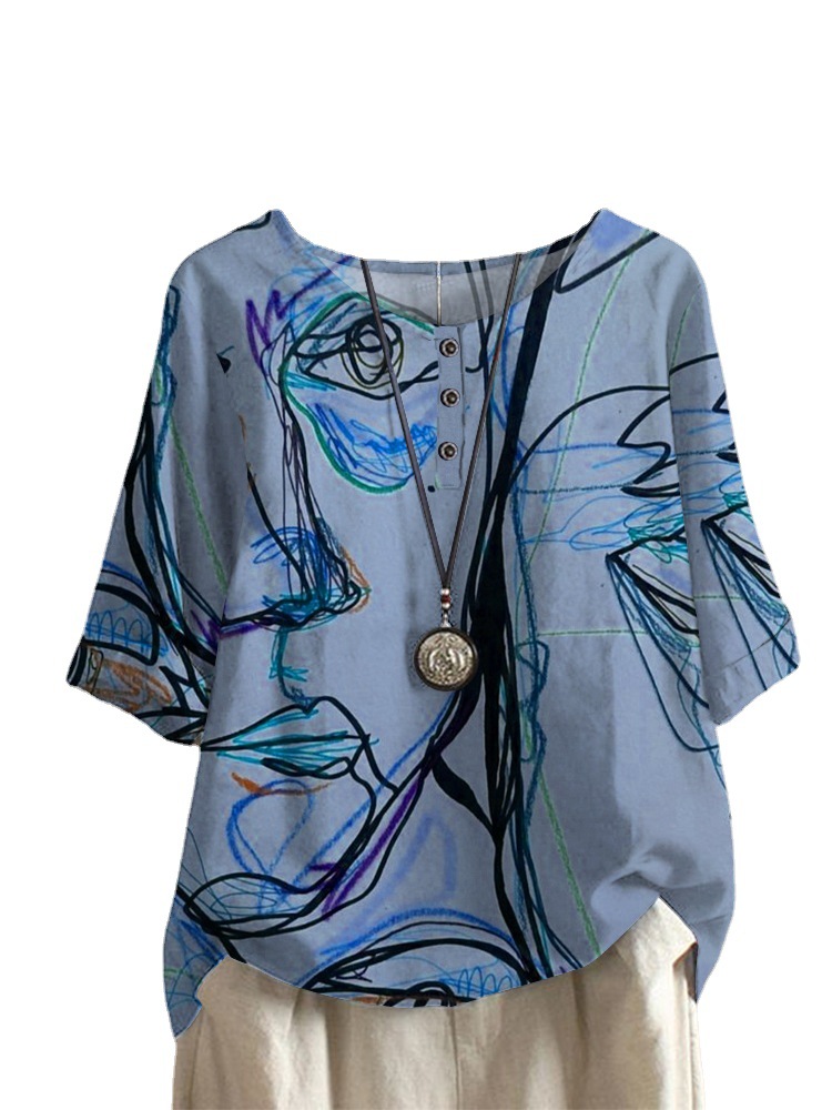 بلوزة نسائية كاجوال بطبعة نسيج الوستارية الفضفاضة