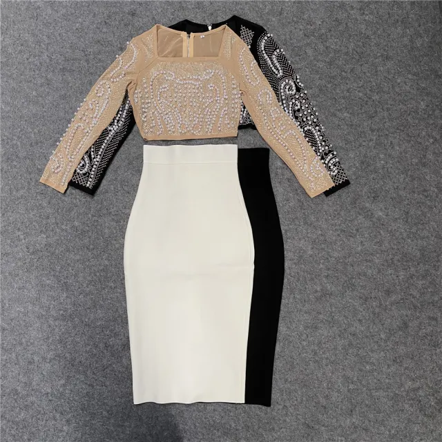 Beaded Studded Long Sleeve T Shirt Midi Skirt Two Piece White - Shop at LoveMi