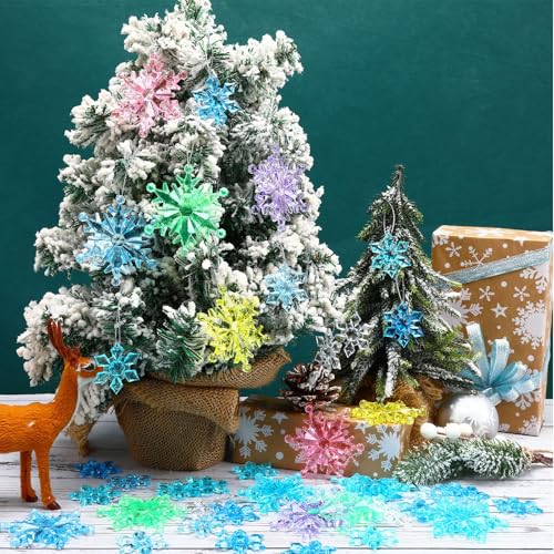 60PcsChristmas Winter Snowflake Ornaments Winter SnowflakeHanging Snowflake Ornaments For Tree, Crystal Pendants With Rope, For Holiday Party DIY Decor,Multicolor 4