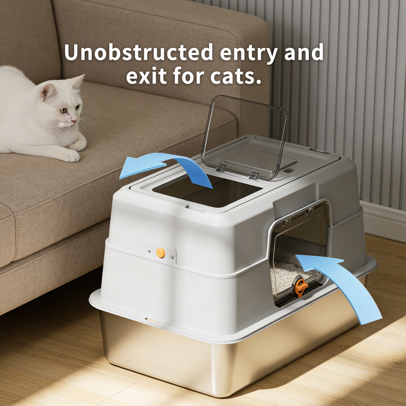 60-40-40cm Fully Enclosed Stainless Steel Cat Litter Box, Odor & Splash Proof Easy Clean, For Large Cats & Multi-Cat Households