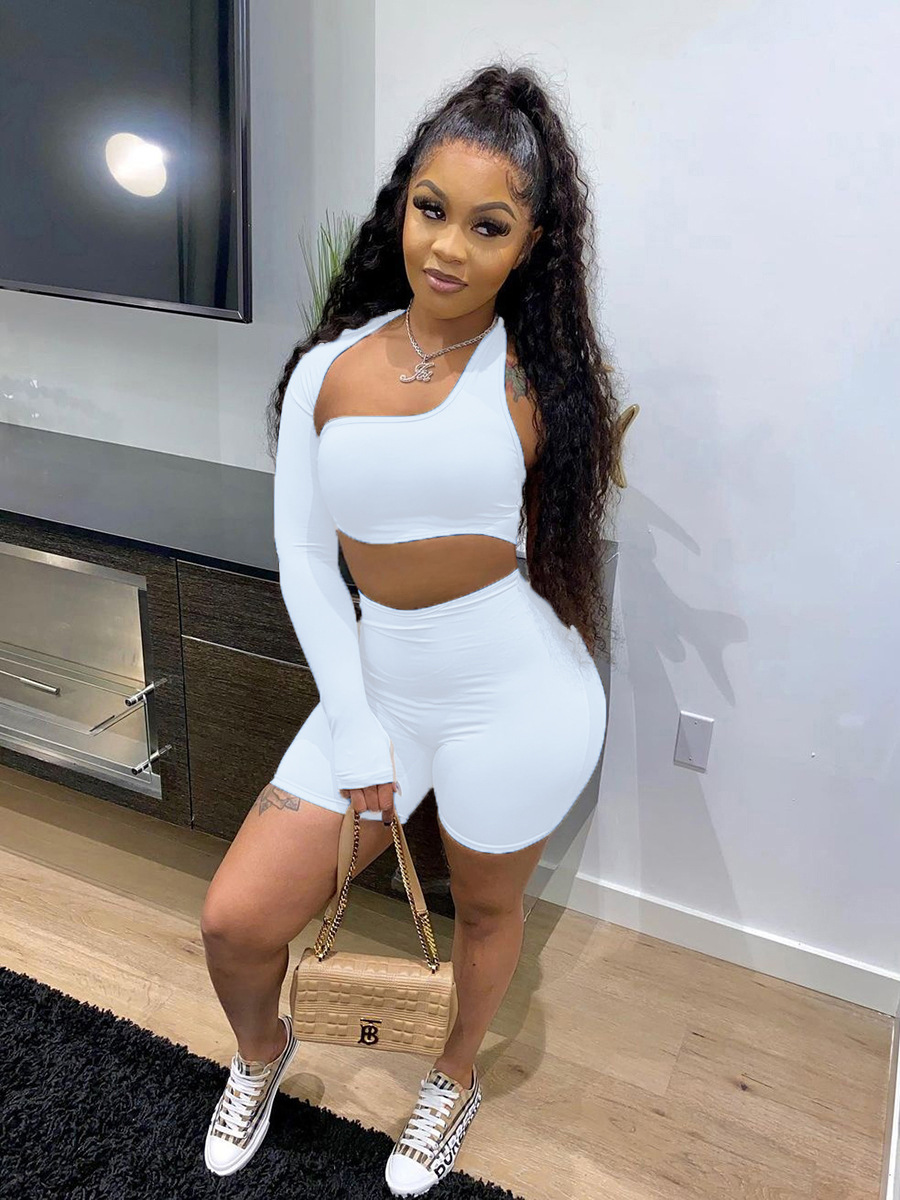 Cutout Sports Long Sleeve Shorts Two Piece Set White - Shop at LoveMi