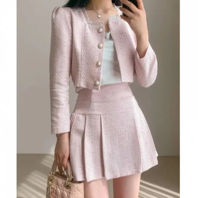 Round Neck Short Coat High Waist Slimming Pleated Skirt Two piece Set Pink Suit - Shop at LoveMi