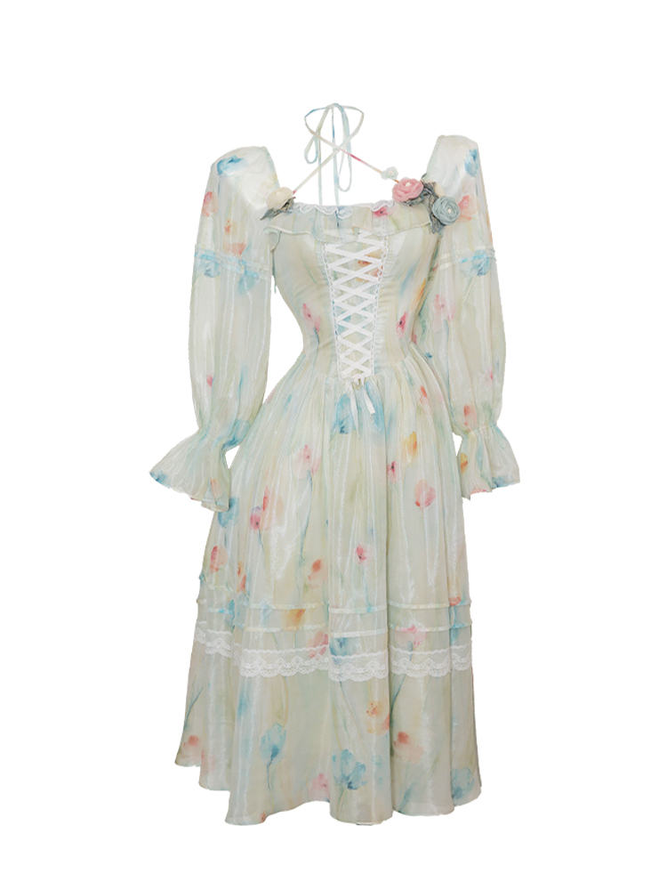 Women's French Square Collar Tied Dress - 5
