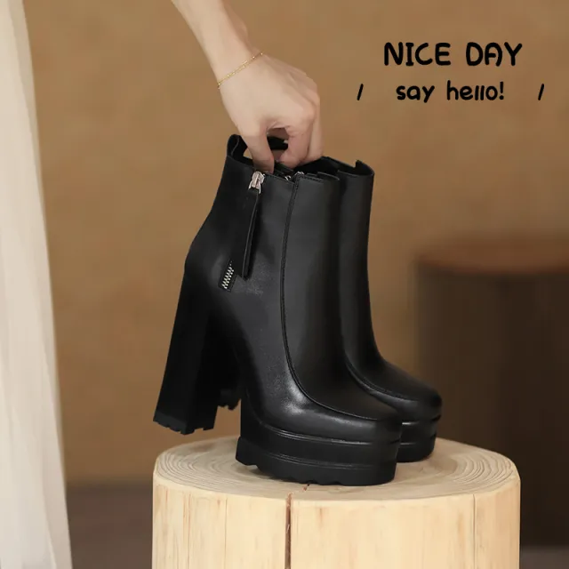 Women's Chunky Heel Platform Leather Side Zip Square Toe Ankle Boots Black - Shop at LoveMi