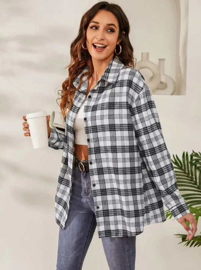 Women's Casual Jacket Long Sleeve Plaid Shirt - White