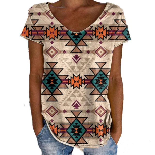 V neck Geometric Ethnic Print Short Sleeves Khaki - Shop at LoveMi