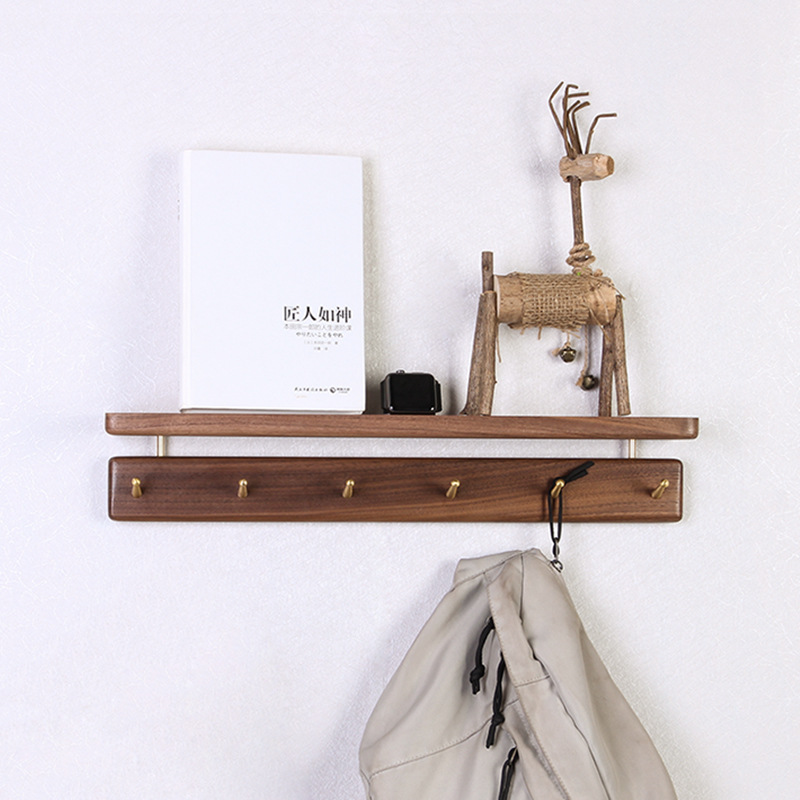 Nordic Style Solid Wood Hanger Japanese Style Entrance Brass Hook Hallway Wall Shelf Black Walnut Coat Hook