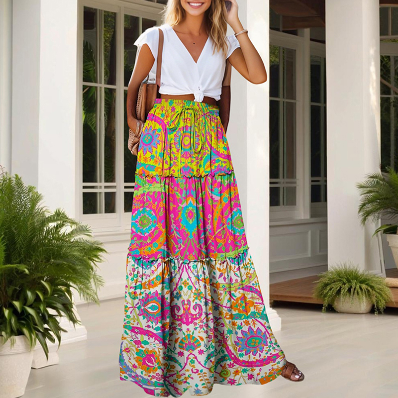 Women's Color Block Floral Print Maxi Skirt With Elastic Drawstring Waist Bohemian Beach Skirt For Spring&Summer Vacation Multicolor - Shop at LoveMi