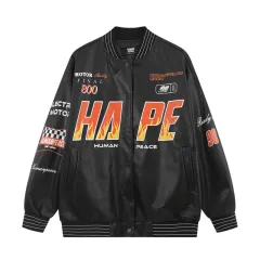 Men's Pu Leather Stitching Breasted Jacket Printing Motorcycle - Black - View 1