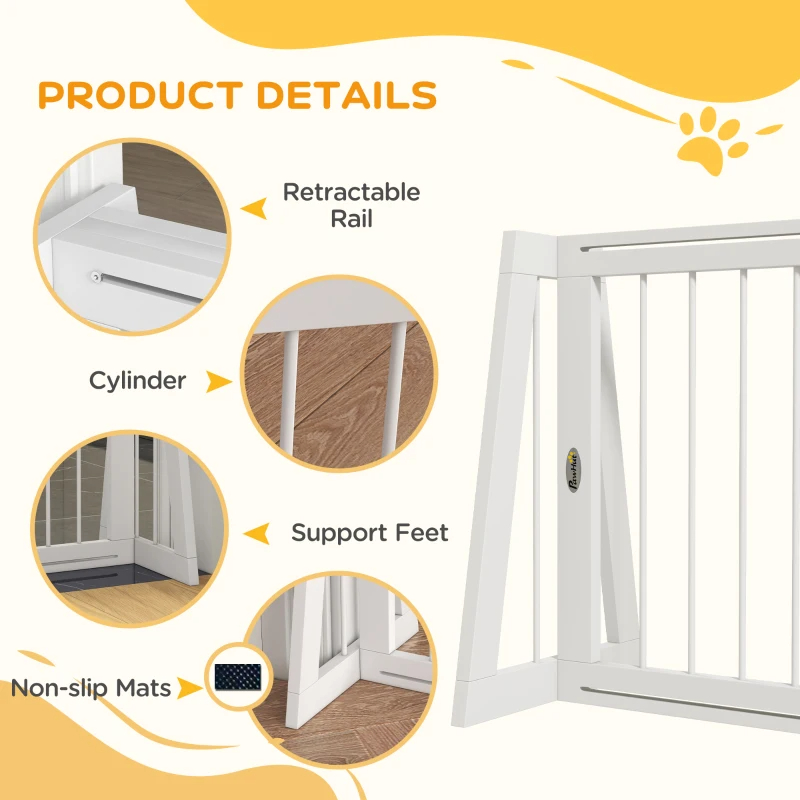 Reestanding Wooden Pet Gate With Support Feet & Non-Slip Mats For Indoor, Stairway, Doorway, White