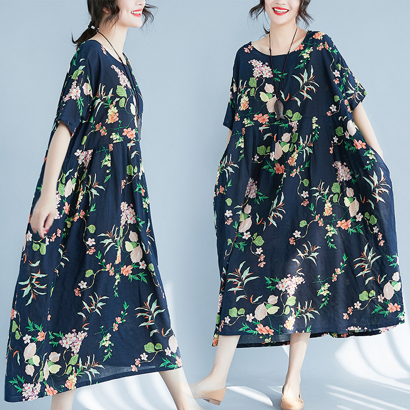 Artistic Oversized Loose-fitting Pattern Print Round Neck Short Sleeve Dress Women's Dress